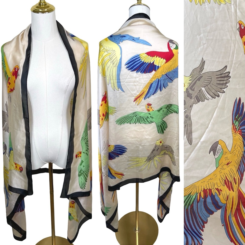 Vintage Parrot Bird Print Scarf Women Cream Multicolor Tropical Satin Shawl Wrap